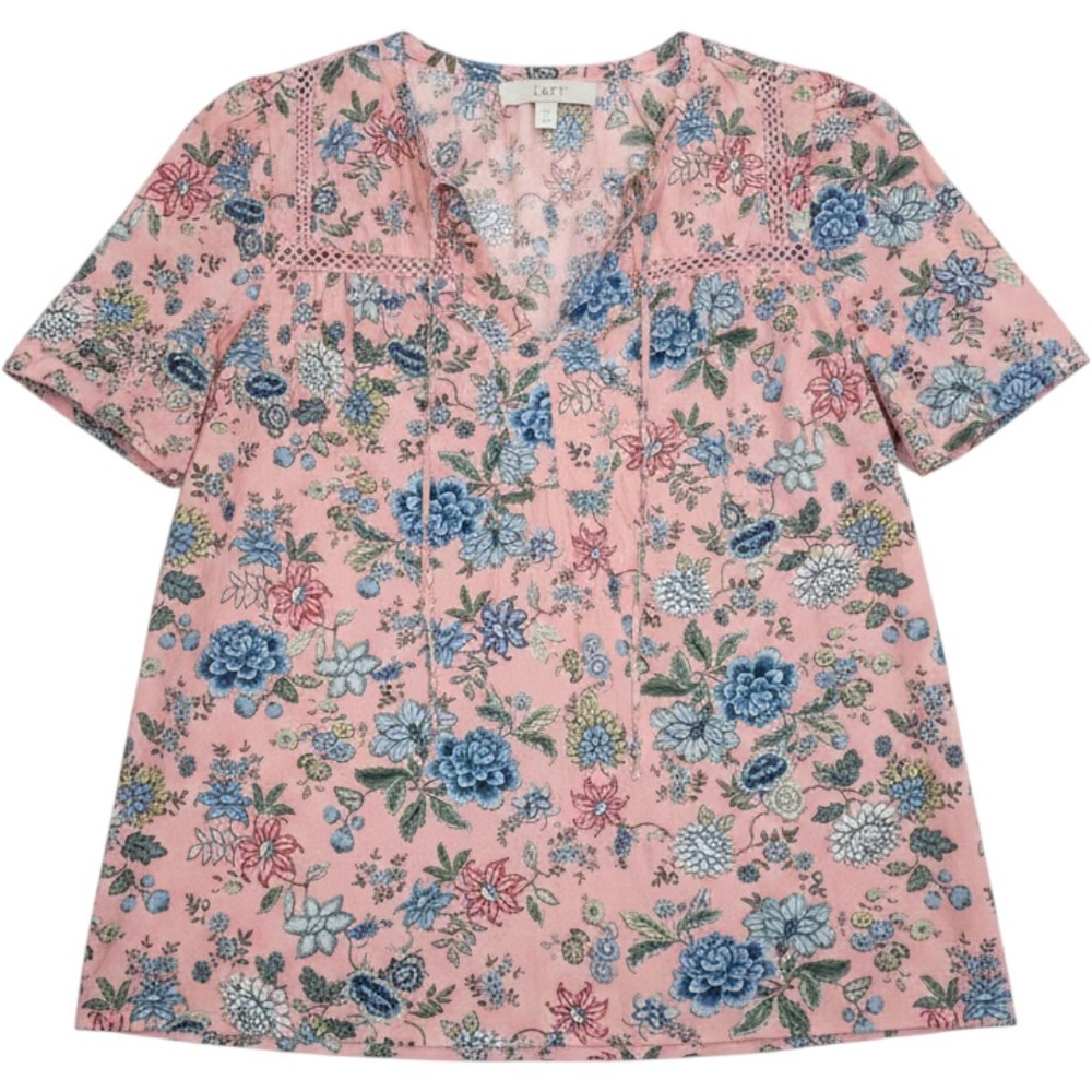 LOFT Pink Floral Split Neck Tie Blouse with Crochet Lace Trim Small Grandma Chic